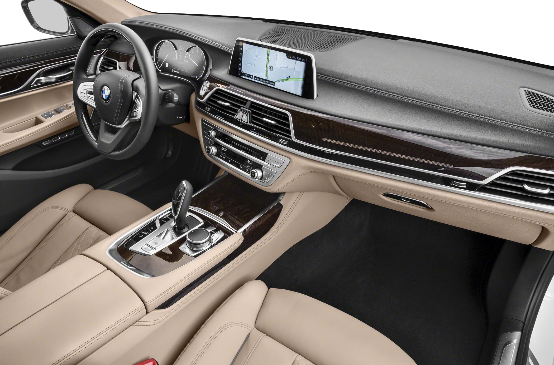 Luxury car interior with infotainment screen and wood trim dashboard