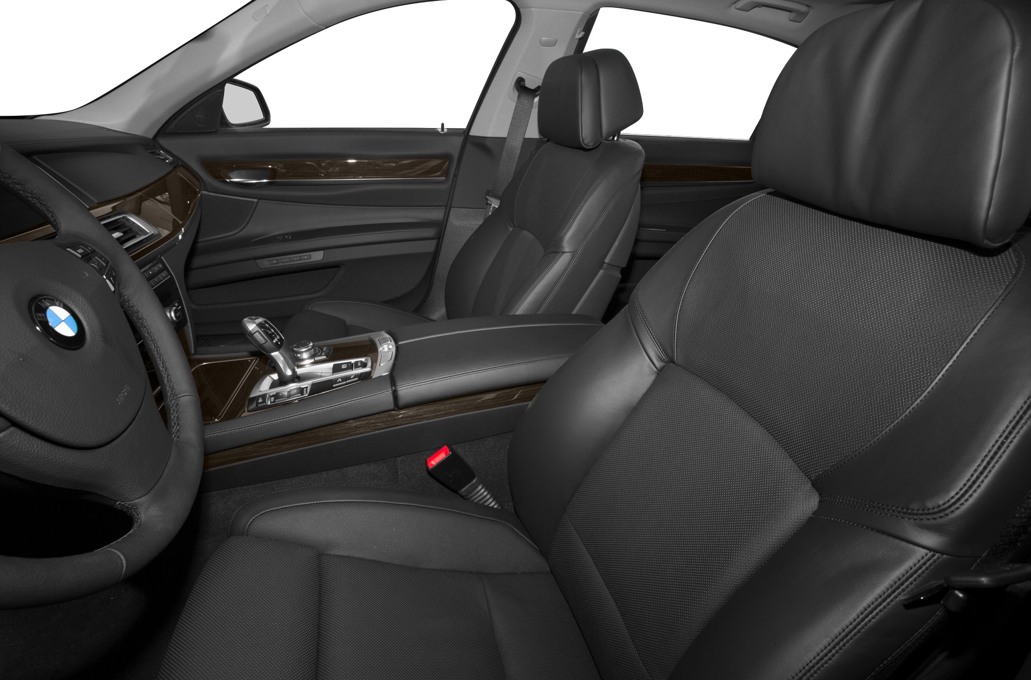 Luxury leather seats and modern center console with wood trim