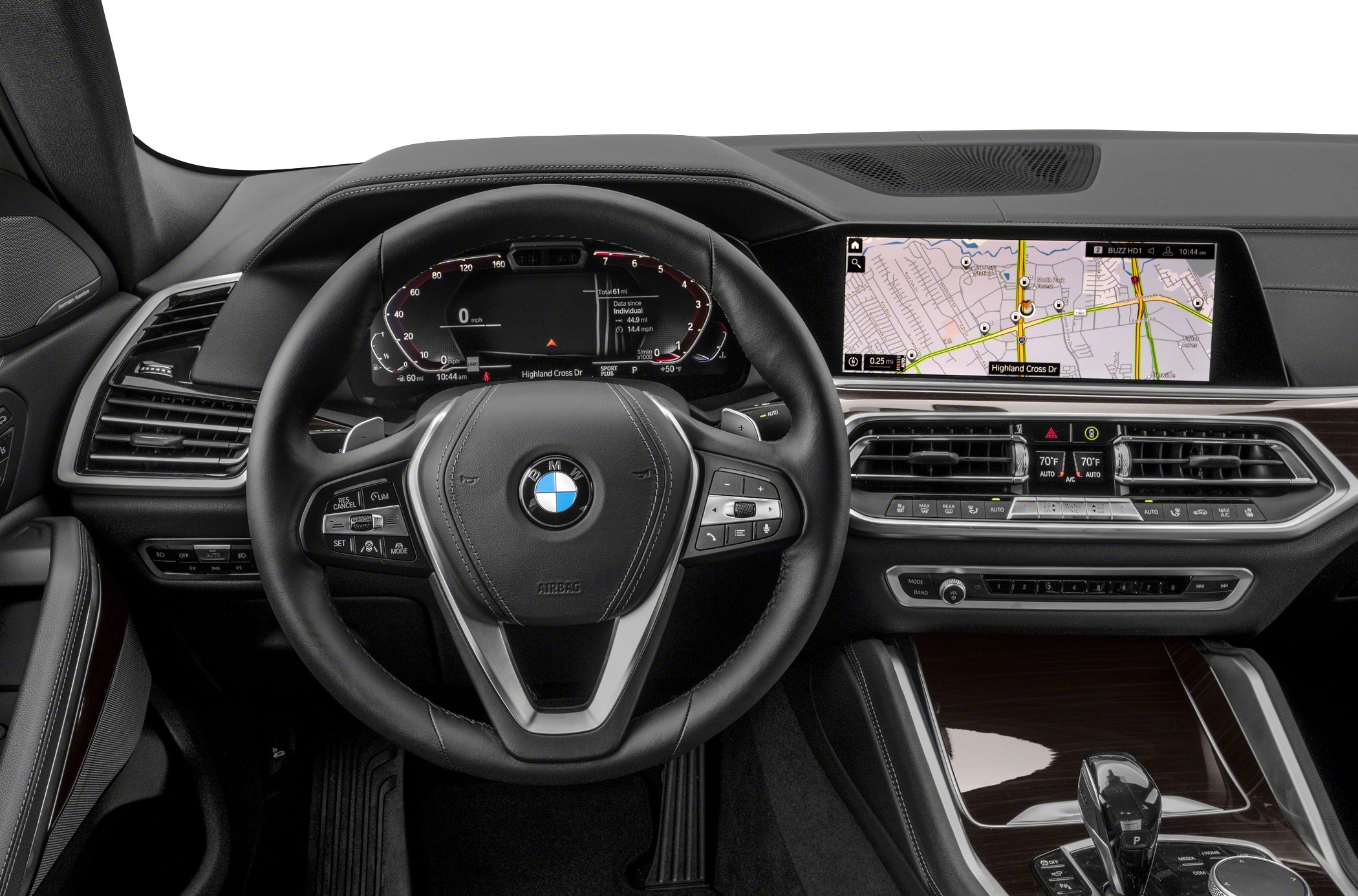 Digital instrument cluster and large navigation screen in luxury car interior