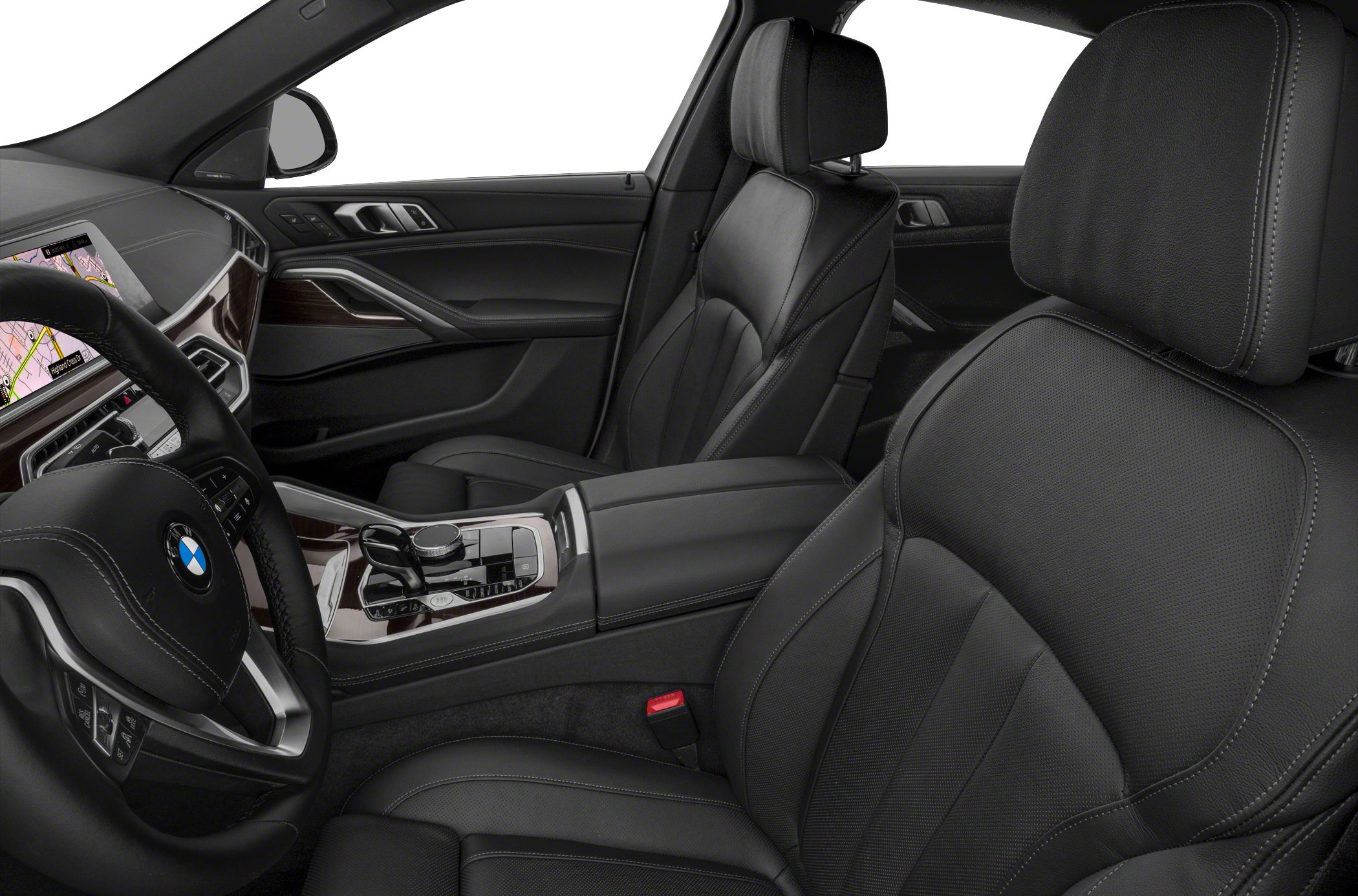 Black leather front seats and modern dashboard with infotainment system