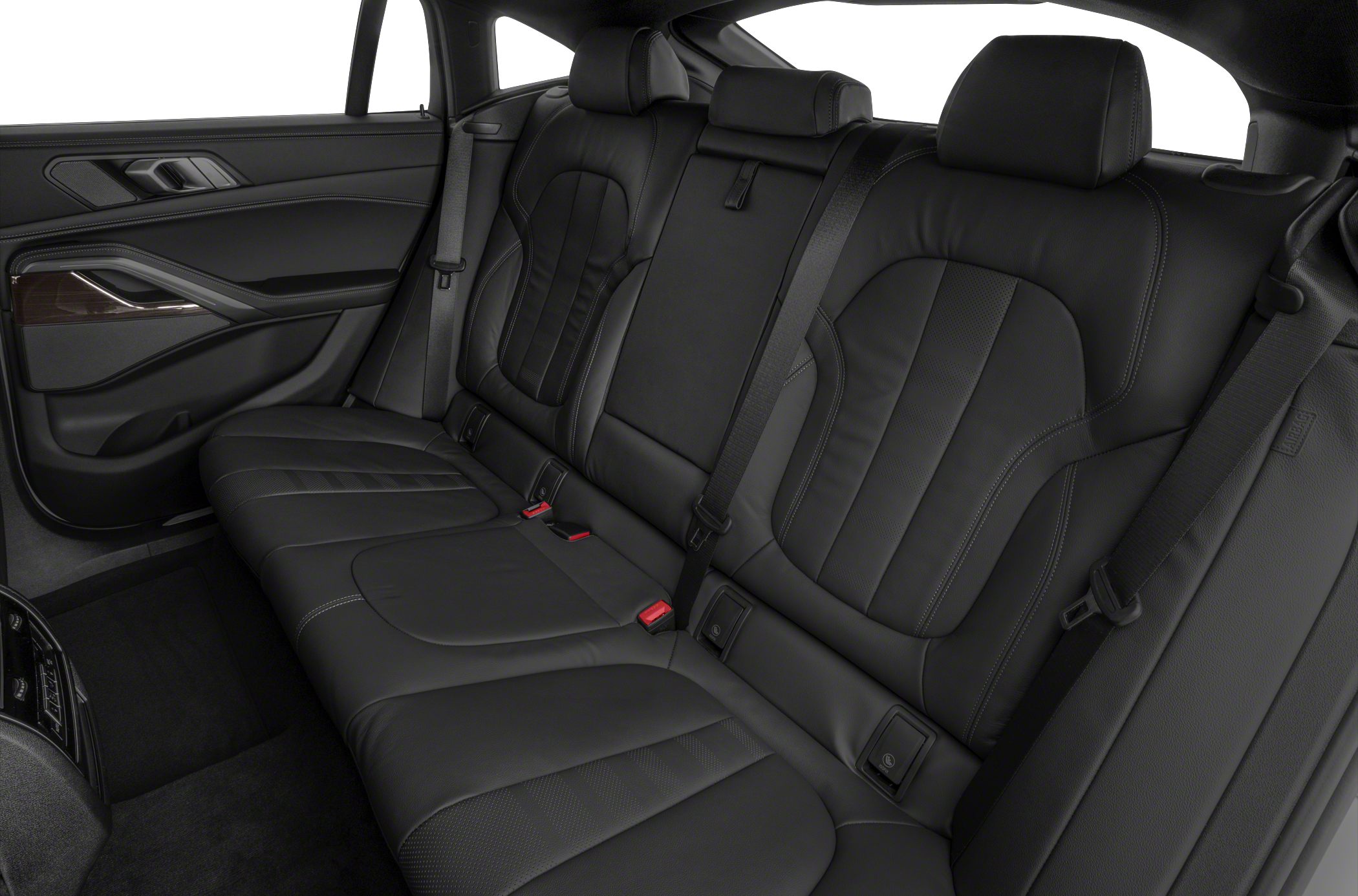 Black leather rear seats with stitching and seat belts