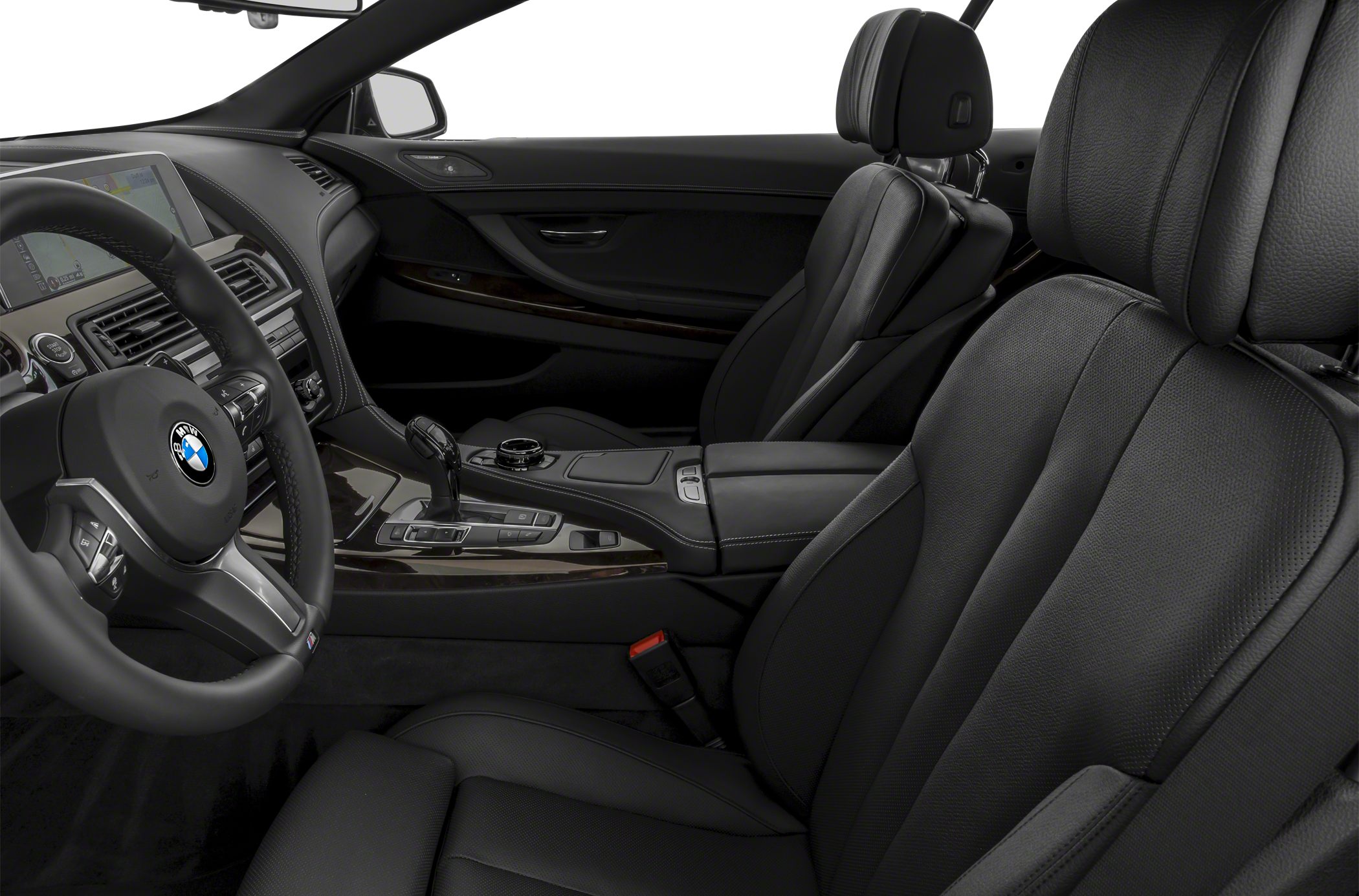 Black leather seats and modern center console with multifunction steering wheel