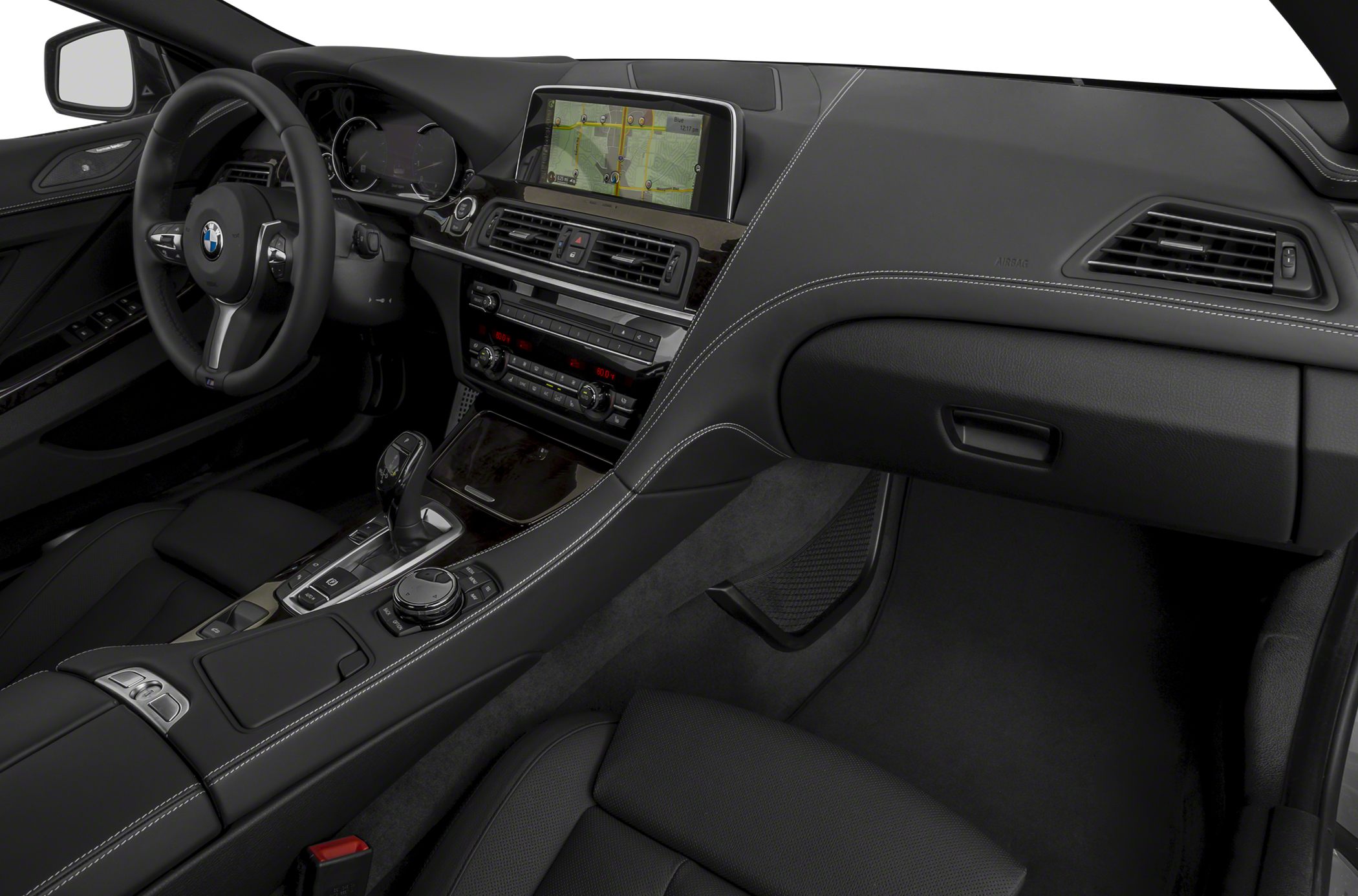 Luxury car interior with dashboard navigation and automatic transmission