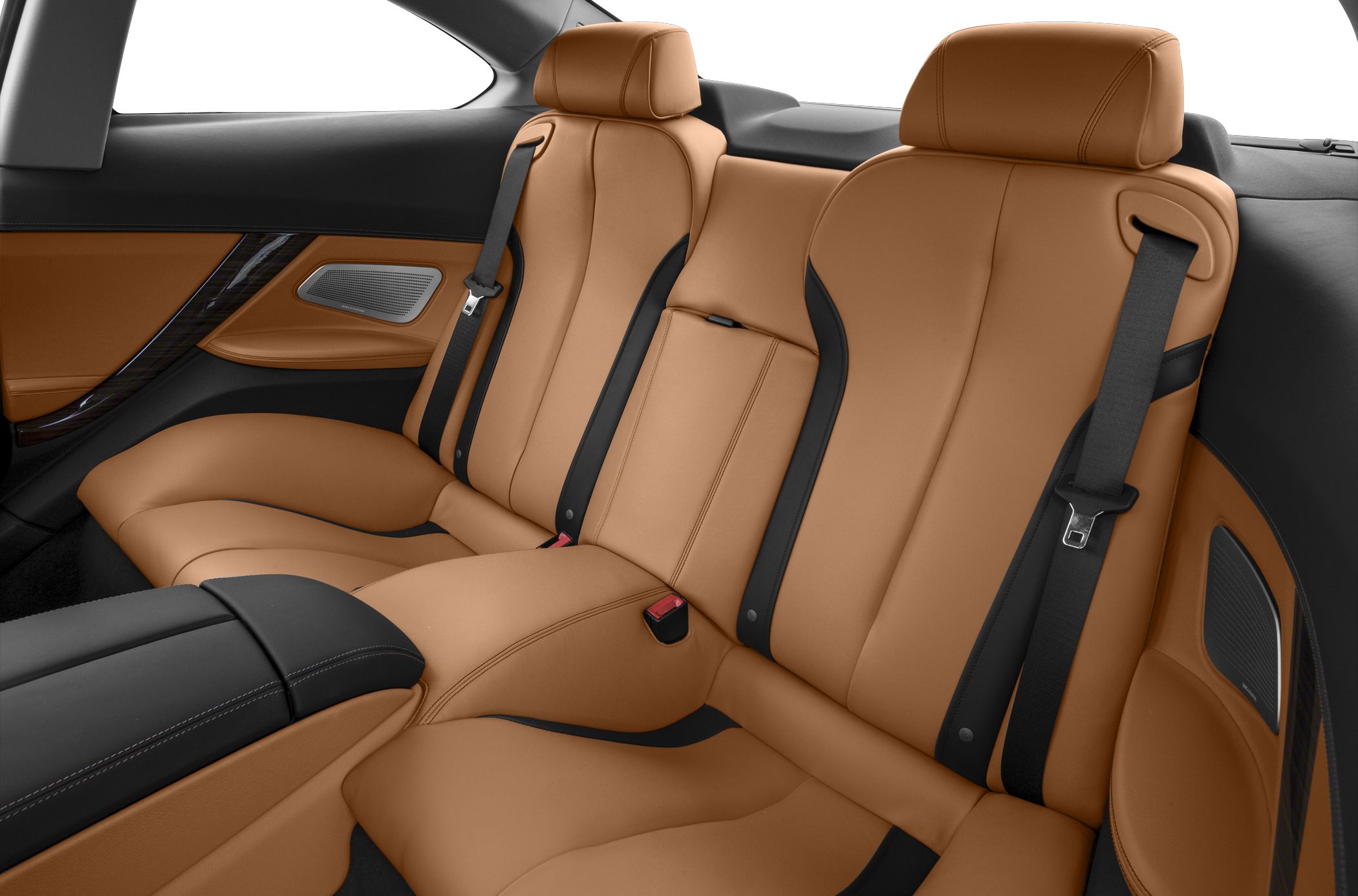 Luxurious tan leather rear seats with seat belts and armrest.