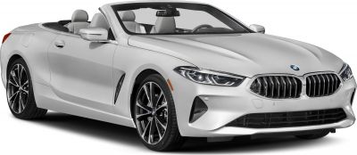 Front and side view of luxury convertible with roof down and sporty design.