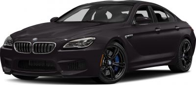 Front side view of sporty luxury sedan with black wheels and blue brake calipers