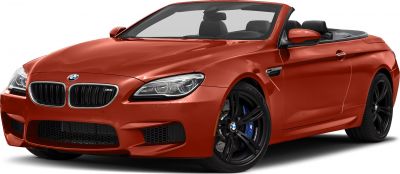 Front and side view of a red convertible with sporty rims and aggressive grille