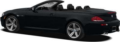 Rear side view of a black convertible with sporty wheels and dual exhaust