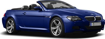 Blue convertible with open roof and sporty alloy wheels front-side view