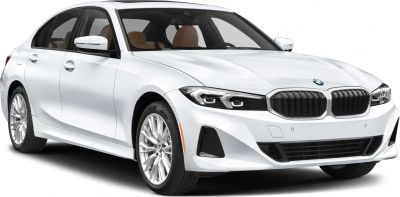 Front view of a modern sedan with LED headlights and signature kidney grille.
