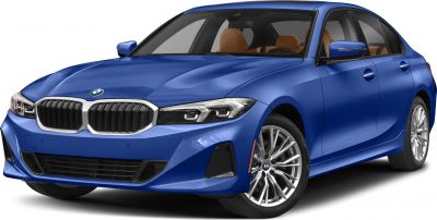 Blue mid-size sedan front 3/4 view with LED headlights and multi-spoke alloy wheels
