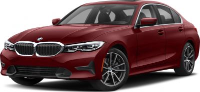 Front view of red sedan with kidney grille and LED headlight