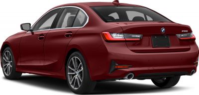 Rear view of sedan with sleek tail lights and dual exhaust