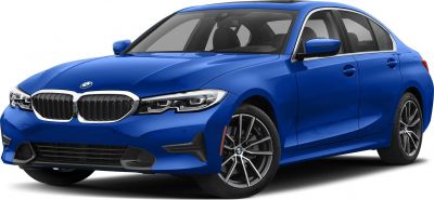 Blue sedan front angle with kidney grille and alloy wheels