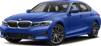 Blue sedan with kidney grille and alloy wheels front view