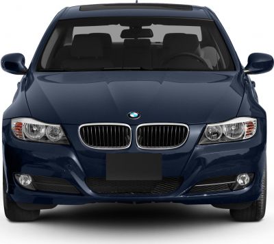 Front view with kidney grille, headlights, and fog lights