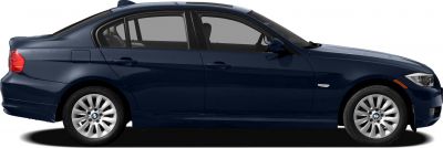 Side profile of a dark blue sedan with alloy wheels