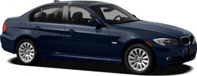 Side view of four-door sedan with alloy wheels in dark blue.