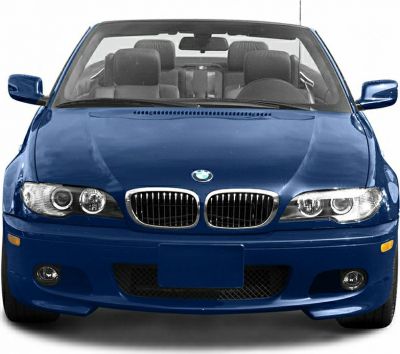 Front view of blue convertible with kidney grilles and headlights