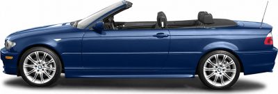 Side profile of blue convertible with open roof and alloy wheels.