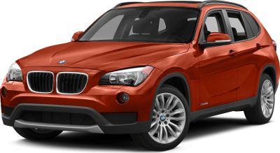 Red compact SUV with BMW kidney grille and headlights front side view