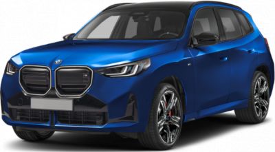 Front view of blue SUV with large grille, sleek headlights, and sporty wheels
