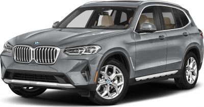 Front 3-4 view of silver SUV with kidney grille and LED headlights