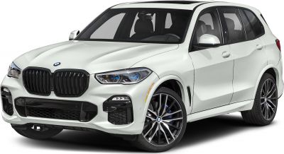 Front side view of white luxury SUV with distinctive headlights and alloy wheels