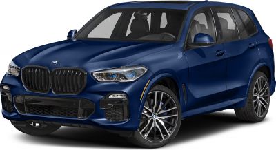 Front angled view with large kidney grille and LED headlights