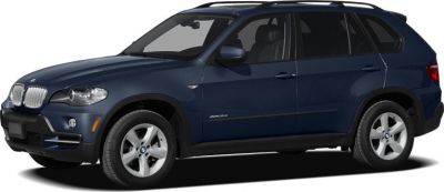 Side profile of a dark blue SUV with alloy wheels and roof rails.