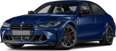 Front view of a sporty sedan with large kidney grille and alloy wheels