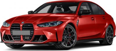 Red sport sedan with large kidney grille and multi-spoke wheels