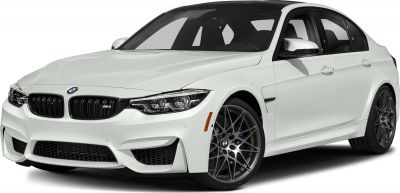 White sporty sedan front view with multi-spoke alloy wheels and aggressive grille