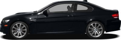 Black coupe vehicle side profile with alloy wheels