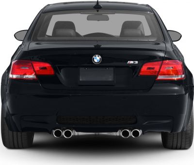 Rear view of a coupe with quad exhaust pipes and LED taillights