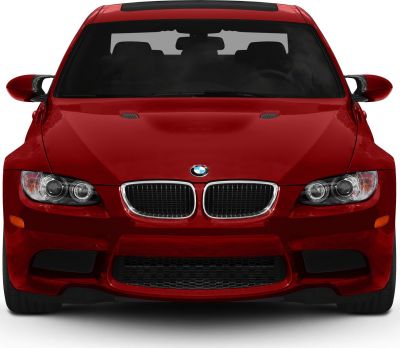Dual kidney grille and sporty headlights on a red performance sedan