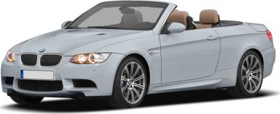 Front side view of convertible with sporty wheels and open roof