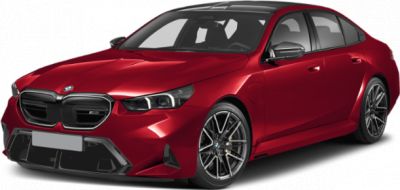 Front-side view of red sporty sedan with sleek headlights and multi-spoke wheels