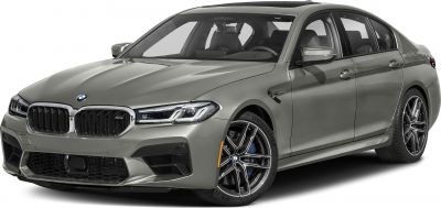 Front and side perspective of a performance sedan with aggressive grille and sporty wheels