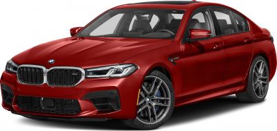 Front and side view of red sporty sedan with grille and alloy wheels