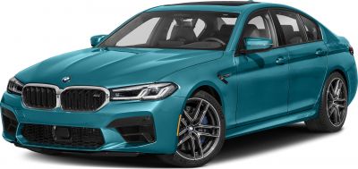 Sporty blue sedan with aggressive front grille and sleek side view.