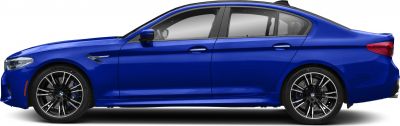 Blue luxury sports sedan with sporty alloy wheels in side profile