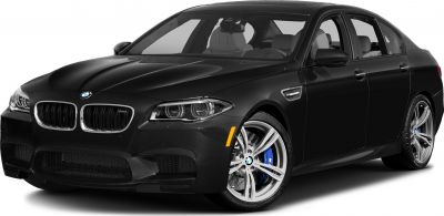 Black sedan front with sporty grille and blue brake calipers