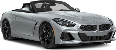 Convertible convertible front-side view with distinctive headlights and sporty black wheels