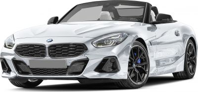 Convertible front view with distinctive grille and black alloy wheels