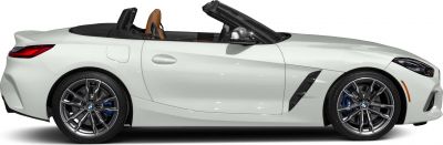 Side view of a convertible sports roadster with open roof and detailed wheels