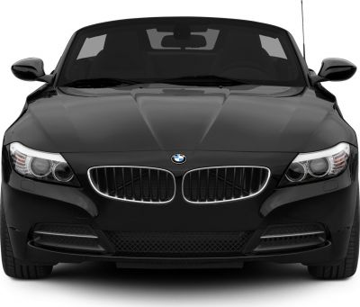 Front view of black convertible with kidney grille and dual headlights