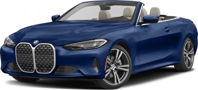 Blue convertible front view with large kidney grille and LED headlights