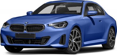 Front view of a blue coupe with distinctive grille and alloy wheels