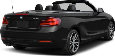 Rear side view of a black convertible with dual exhaust and open roof